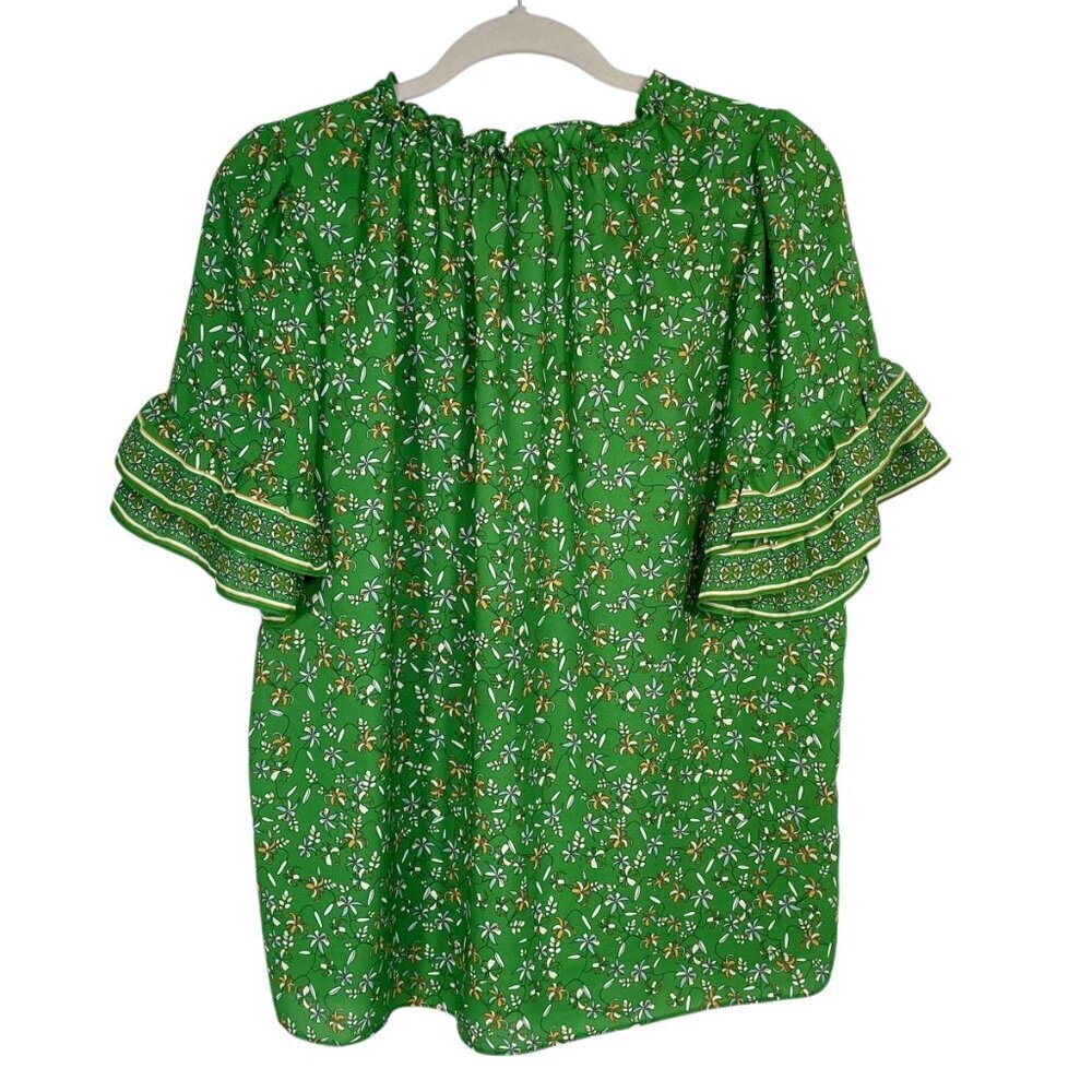 Max Studio Green Floral Peasant Blouse Ruffle Sleeve Tassel Tie Boho Top 1X - Picture 3 of 14
